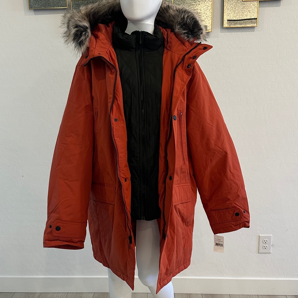 London Fog Men's Orange Puffer Jacket with Faux Fur Trim - Picture 4 of 13